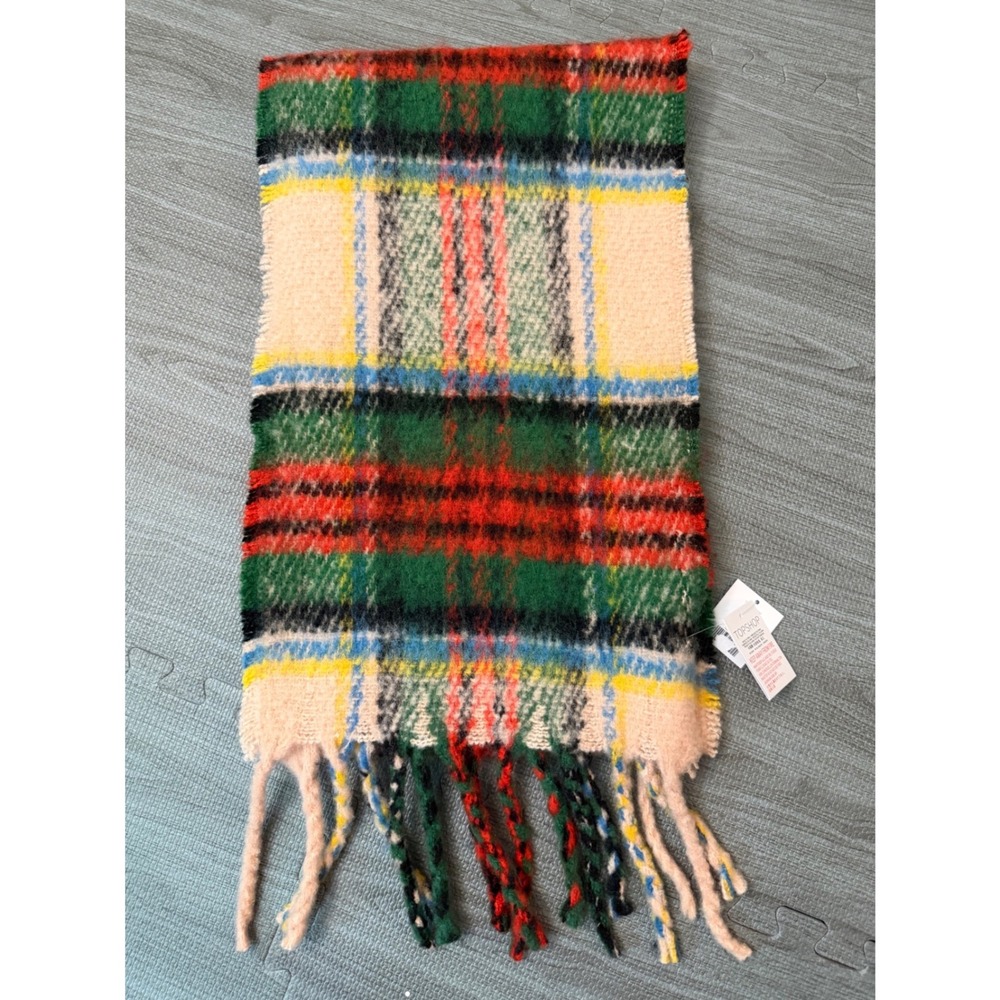 Topshop Multicolor Plaid Blanket Scarf Braided Fringe Tassel Oversized Tartan